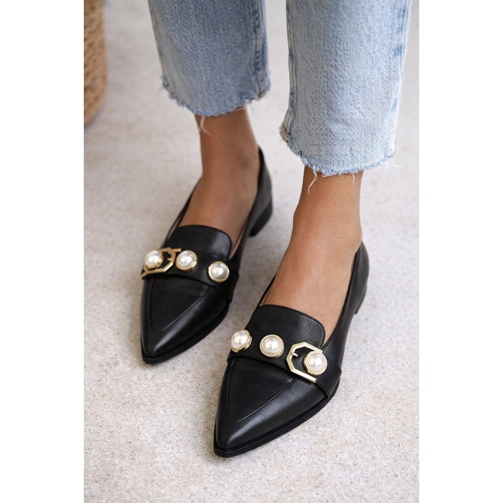 Louise et Cie Black Pointed Pearl-Embellished Loafers